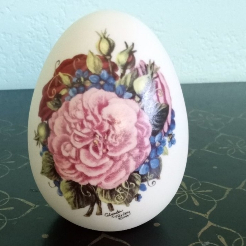 Glynda Turley Signed Hand Painted Bisque Porcelain Egg Pink Rose Floral Decor